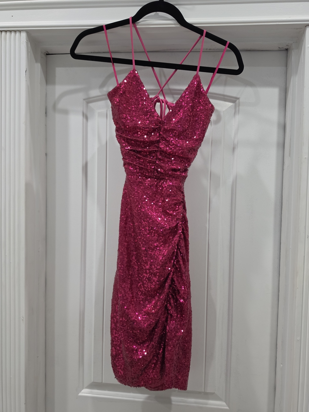 Hot Pink Sequin Cocktail Dress Tagged L Fits Small Strappy Open Back